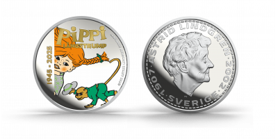 Pippi Långstrump 80år 1945-2025 Jubileumsmedalj Delvis belagd med färg       